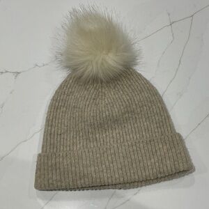 Reitmans Beige Knit Hat with Faux Fur Pom